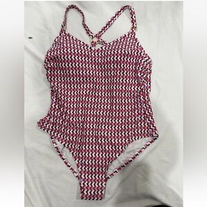 Kona Sol Red Blue Chevron One Piece Swimsuit Size 16-Crisscross Back NWT